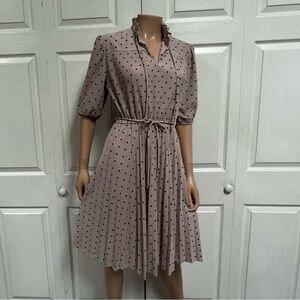 Vintage MCS Ltd Polka Dot Beige Pleated Dress Size 10 Short Sleeve